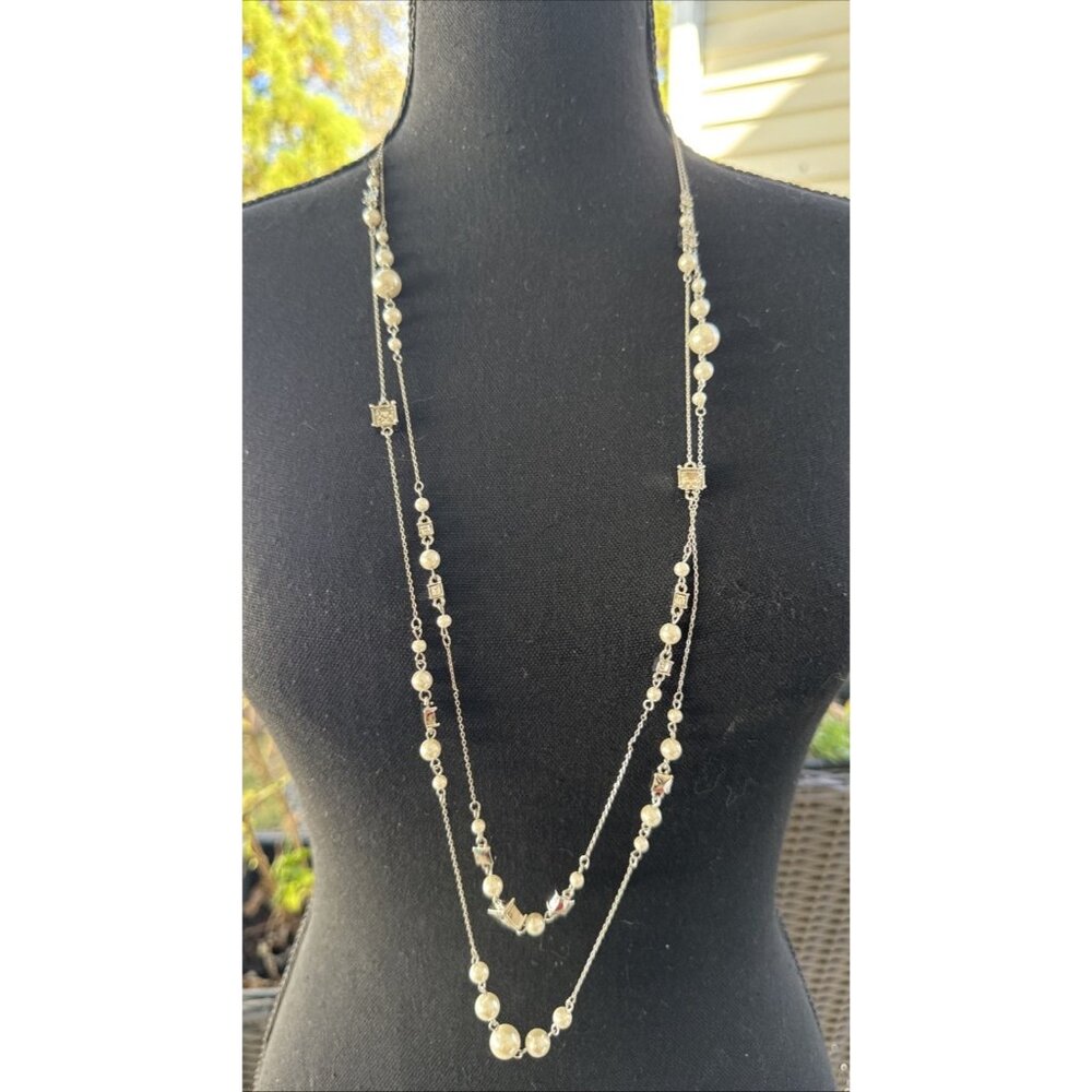 Chicos Faux Pearl CZ Silver Tone 18" Long Rope Link Chain Statement Necklace NEW